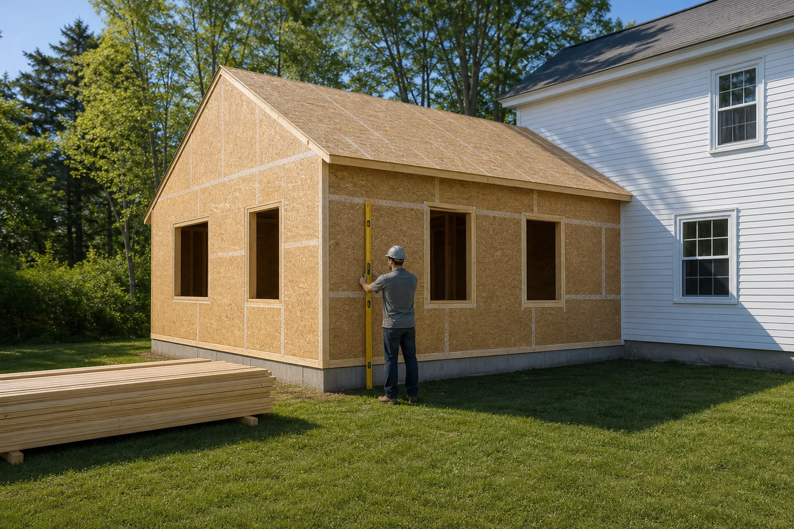 Home additions: A man in a white hard hat holds a yellow level upright against a sheathed addition with open window holes, next to a white house