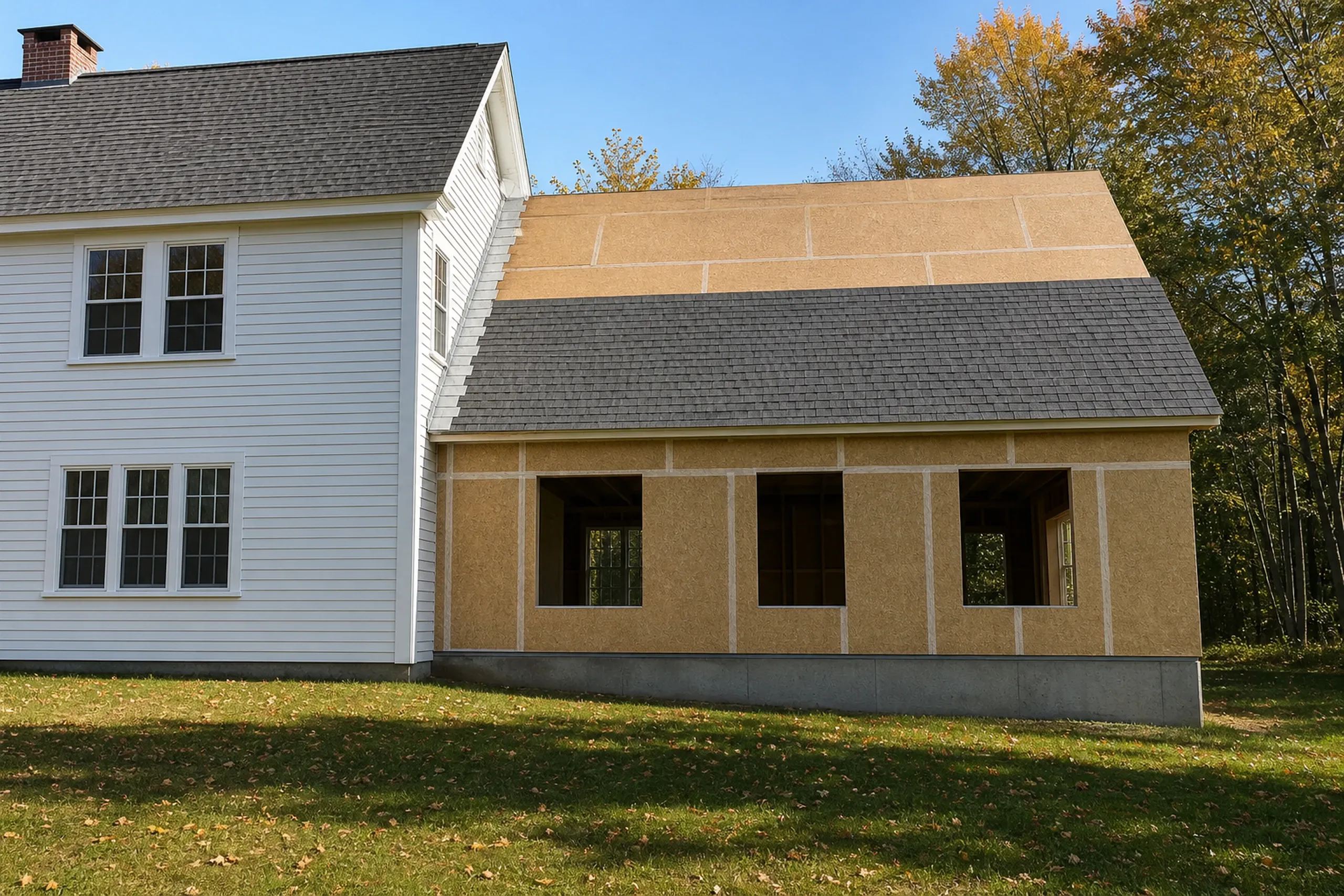 Home additions: sheathed addition with open window openings and a half-shingled roof, joined to a white two-story house with a brick chimney