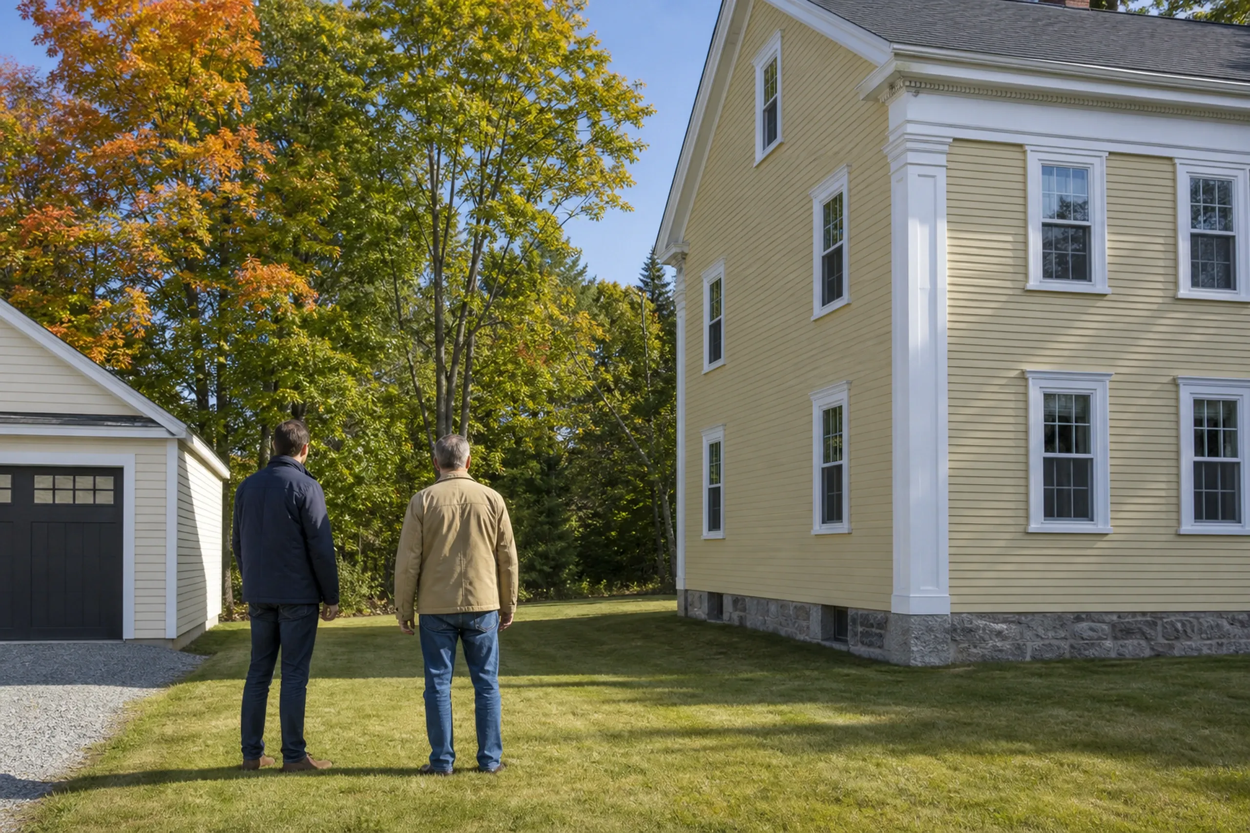 Home additions first visit: two men seen from behind on a lawn, in navy and tan jackets, facing a pale yellow house and a garage with a dark door