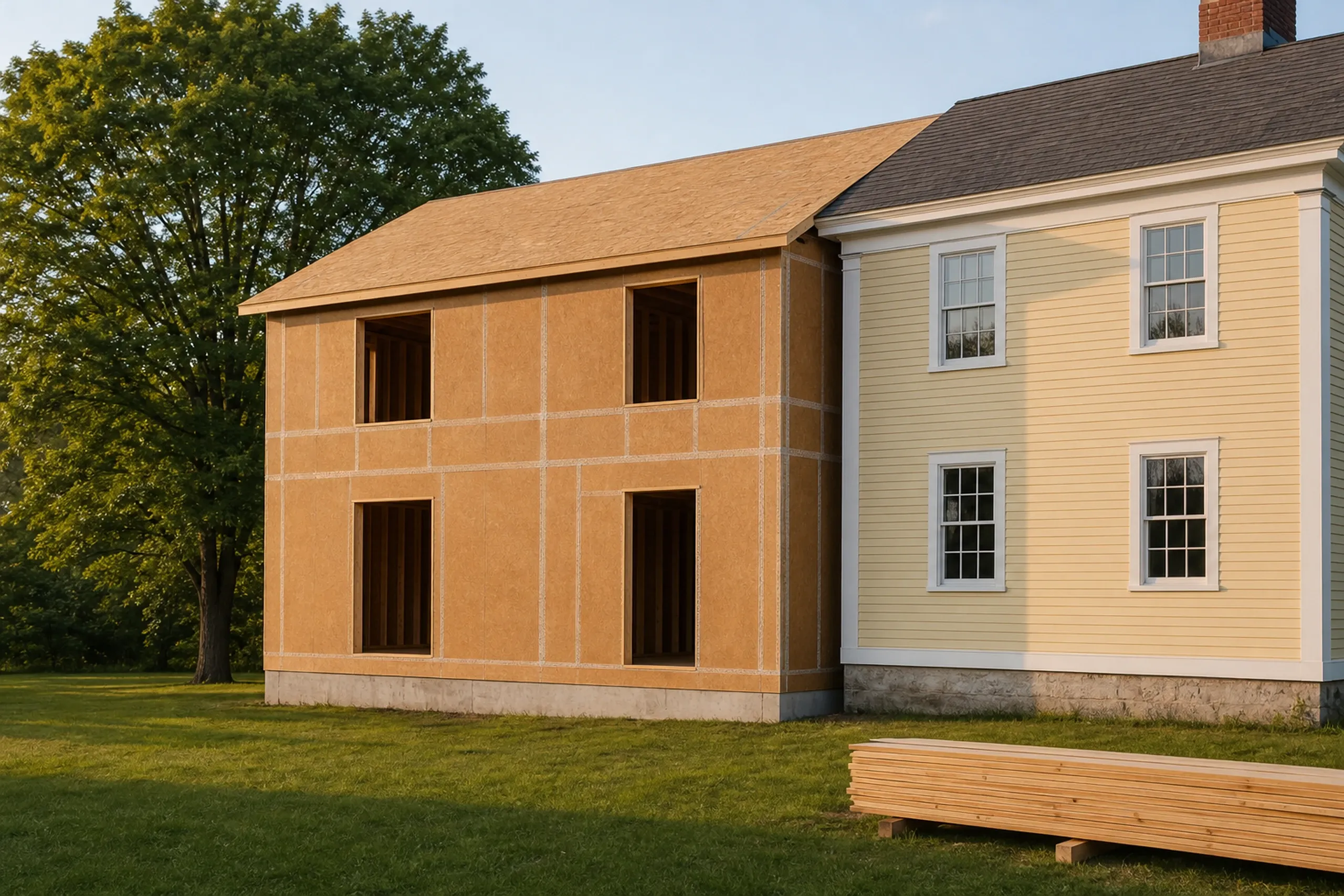 Home additions in progress: two-story addition sheathed in tan panels with open window openings, set beside a pale yellow house with white trim and a stone foundation