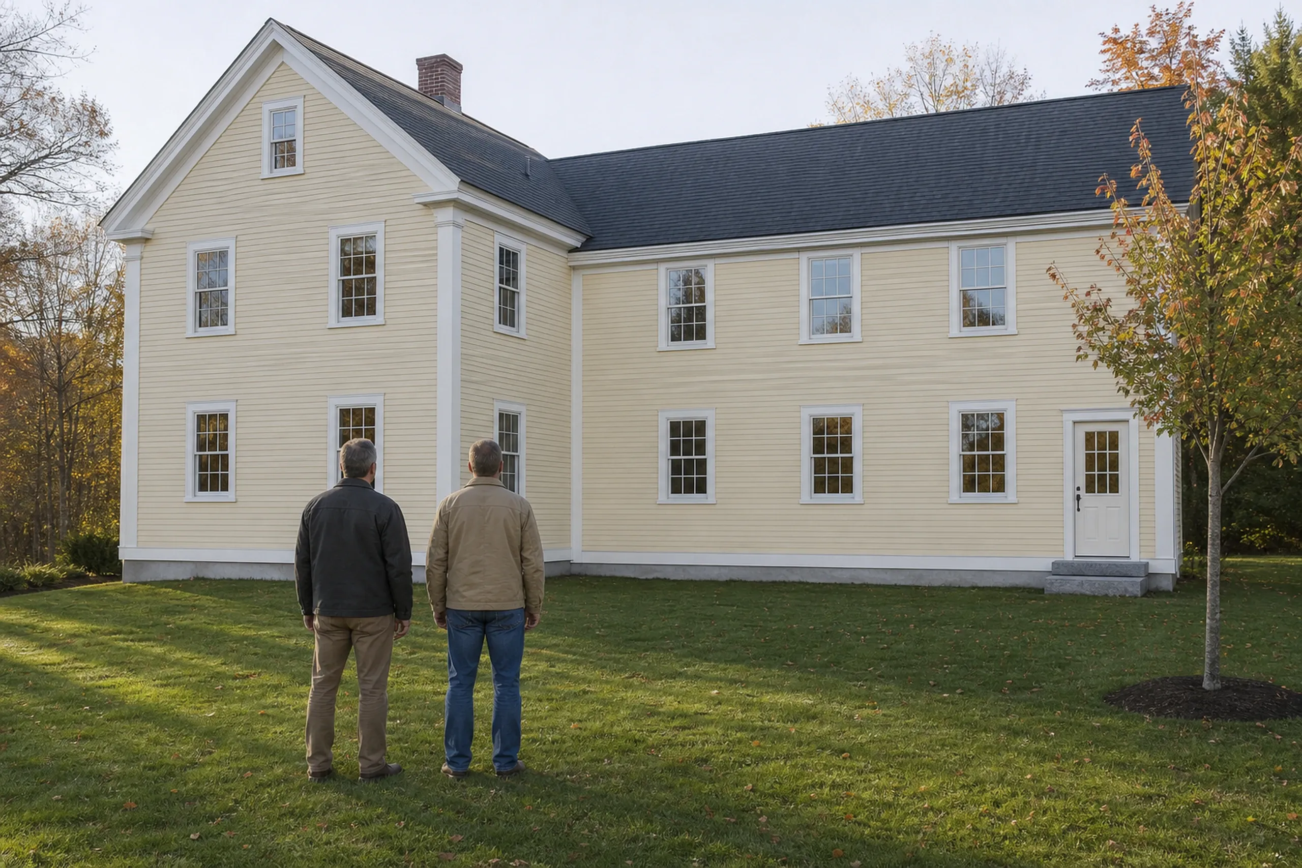 Home additions final walkthrough: long pale yellow two-story house with white trim, a small side door and a young tree, with two men seen from behind on the lawn