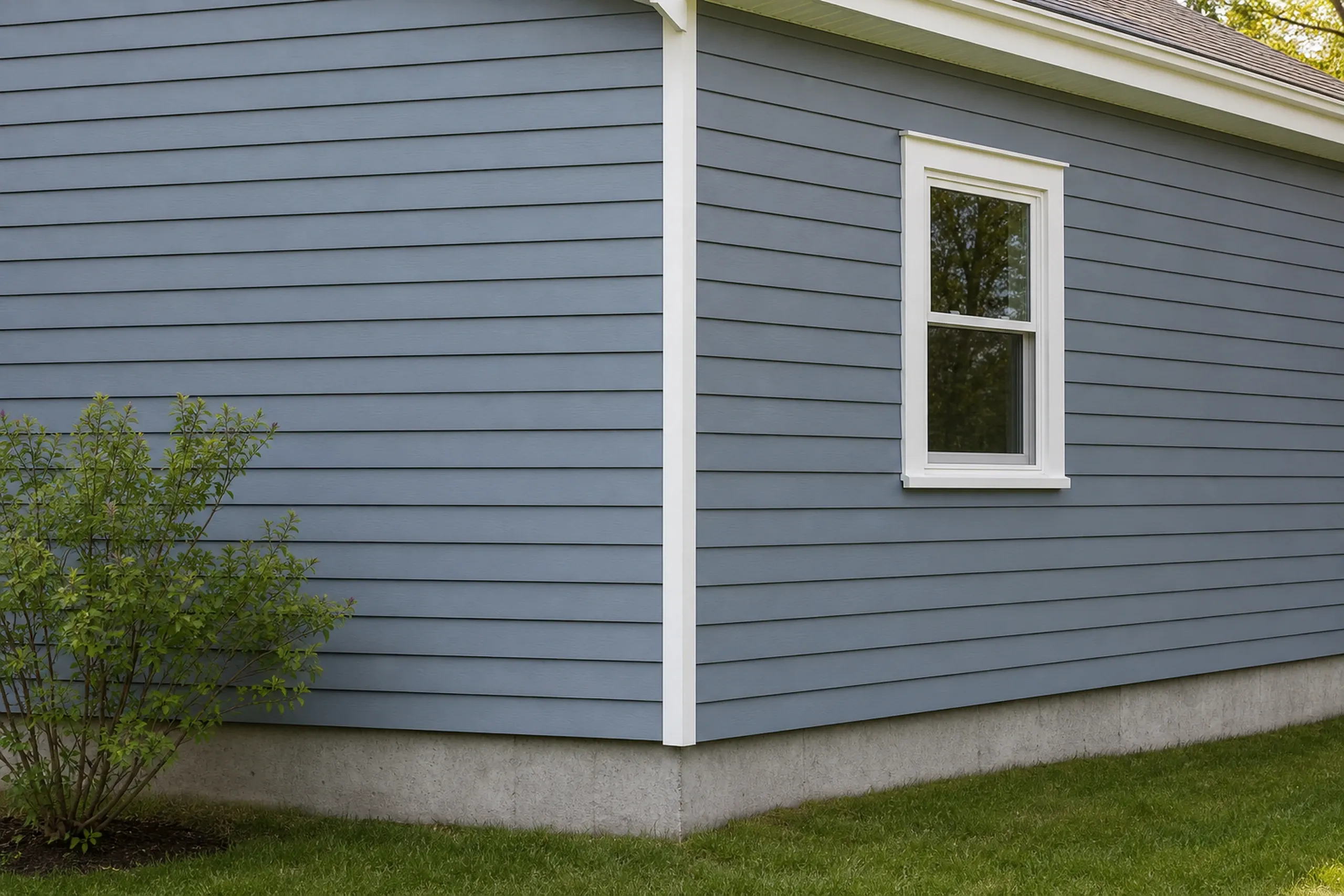 Home additions: corner of a blue-gray house with horizontal siding, white corner trim, one window and a concrete foundation and a green shrub