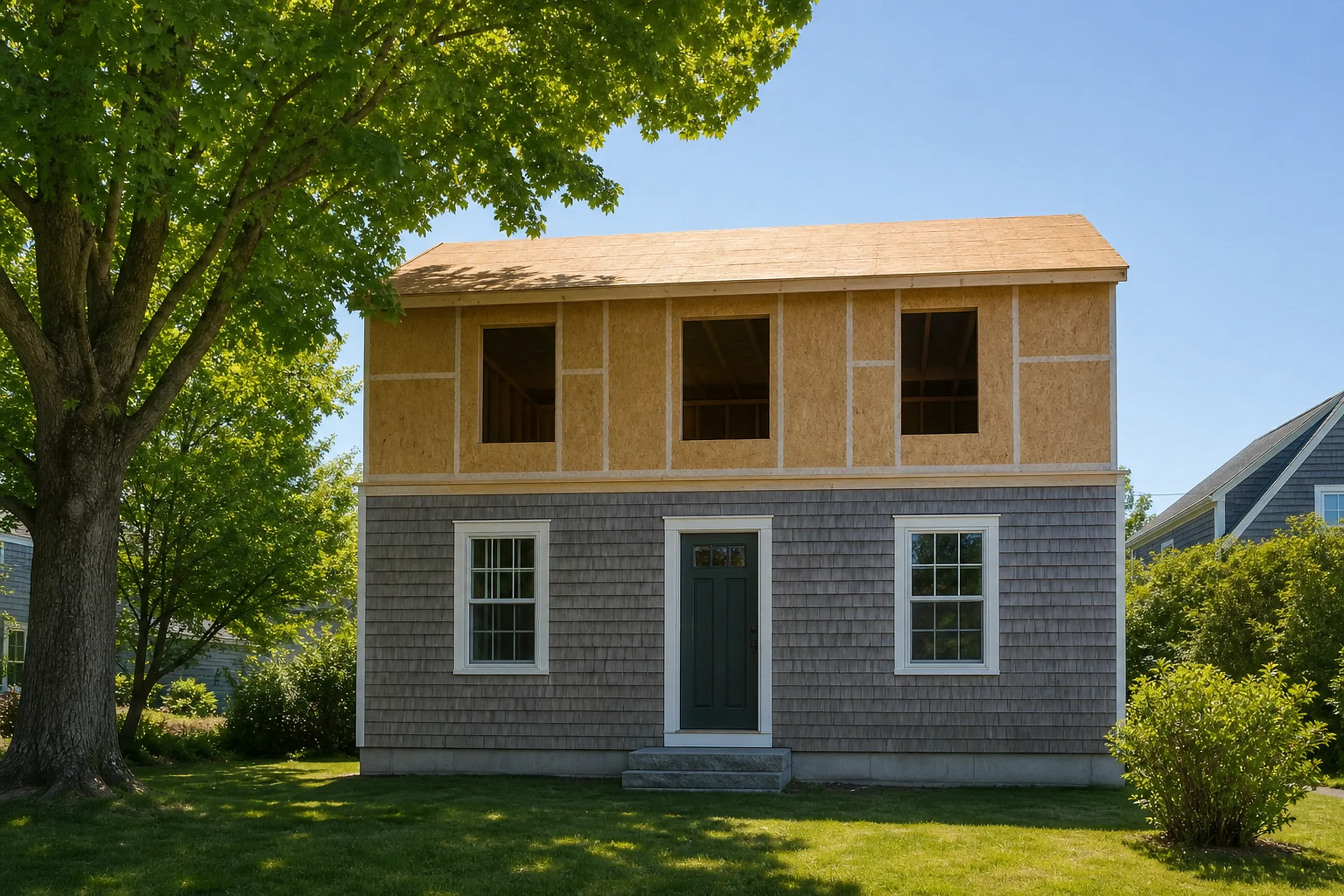 General contractor in Portland: two-story house with gray shingles below, a sheathed upper floor with open window holes, a green door and a large leafy tree at left