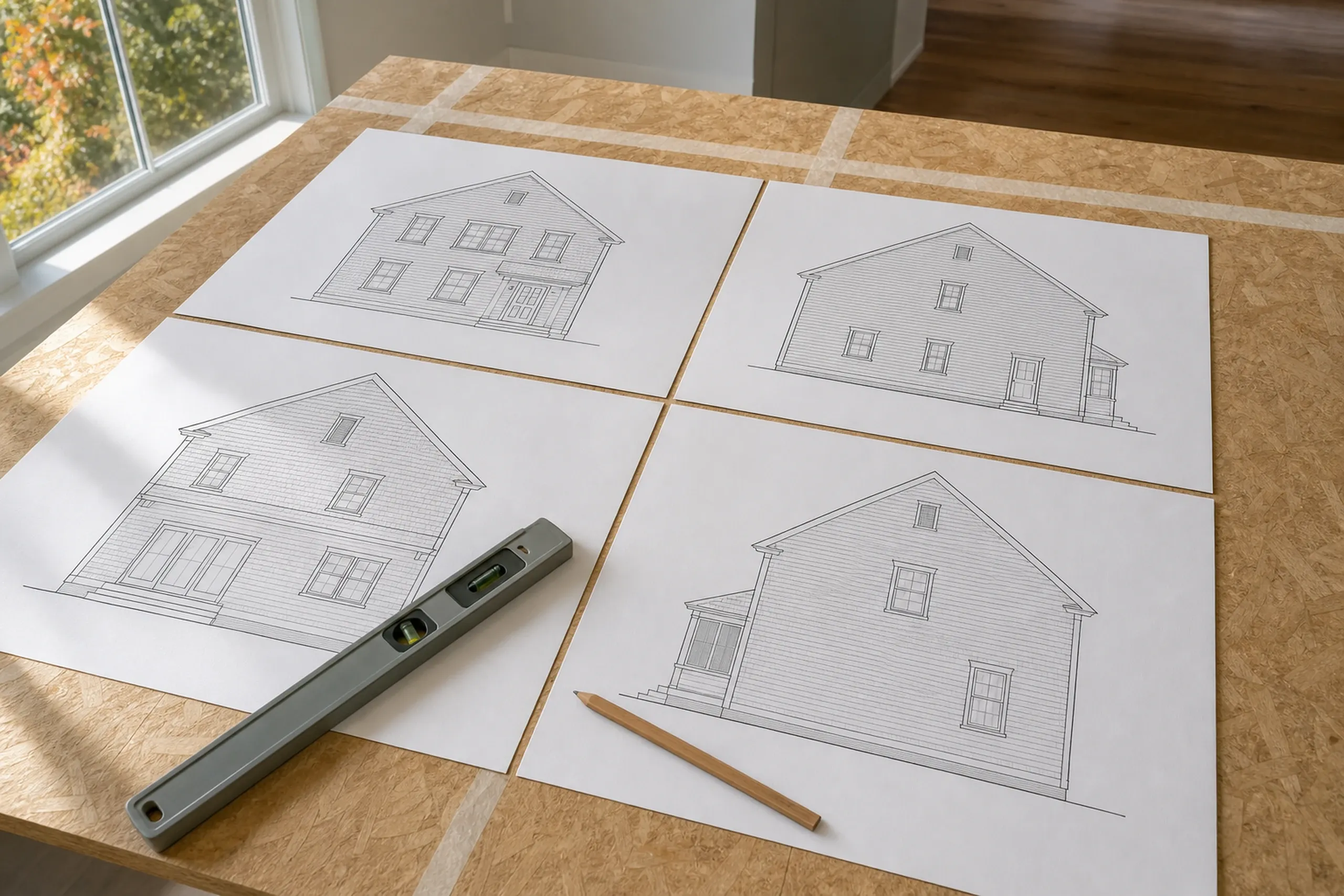 General contractor in Portland: four line drawings of house elevations lying on a sheathing panel table, with a level and a pencil on top and a window at left