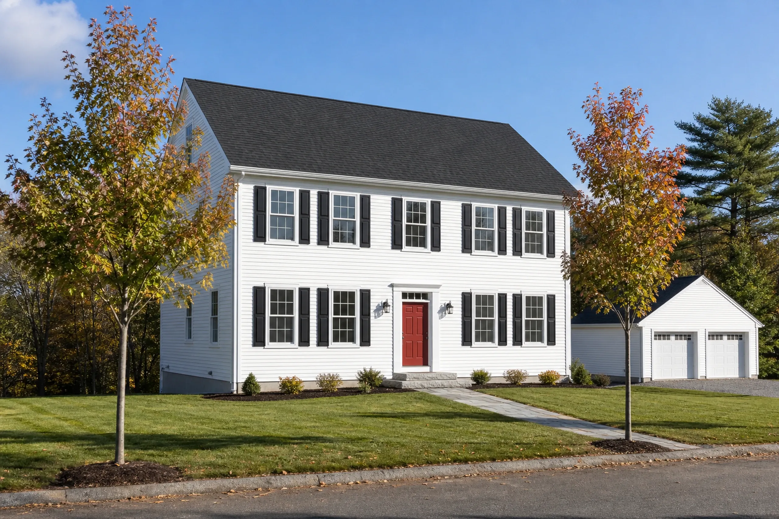 General contractor in Portland: white two-story house with black shutters, a red front door, a dark roof, a detached two-bay garage and two young trees in autumn color