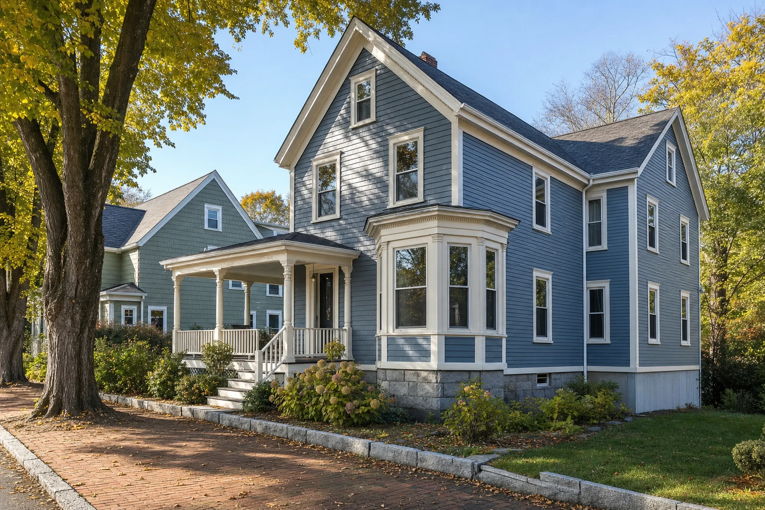 General contractor in Portland, ME: blue house with a bay window, a covered porch with white columns, a stone foundation and a brick sidewalk, with yellow autumn trees