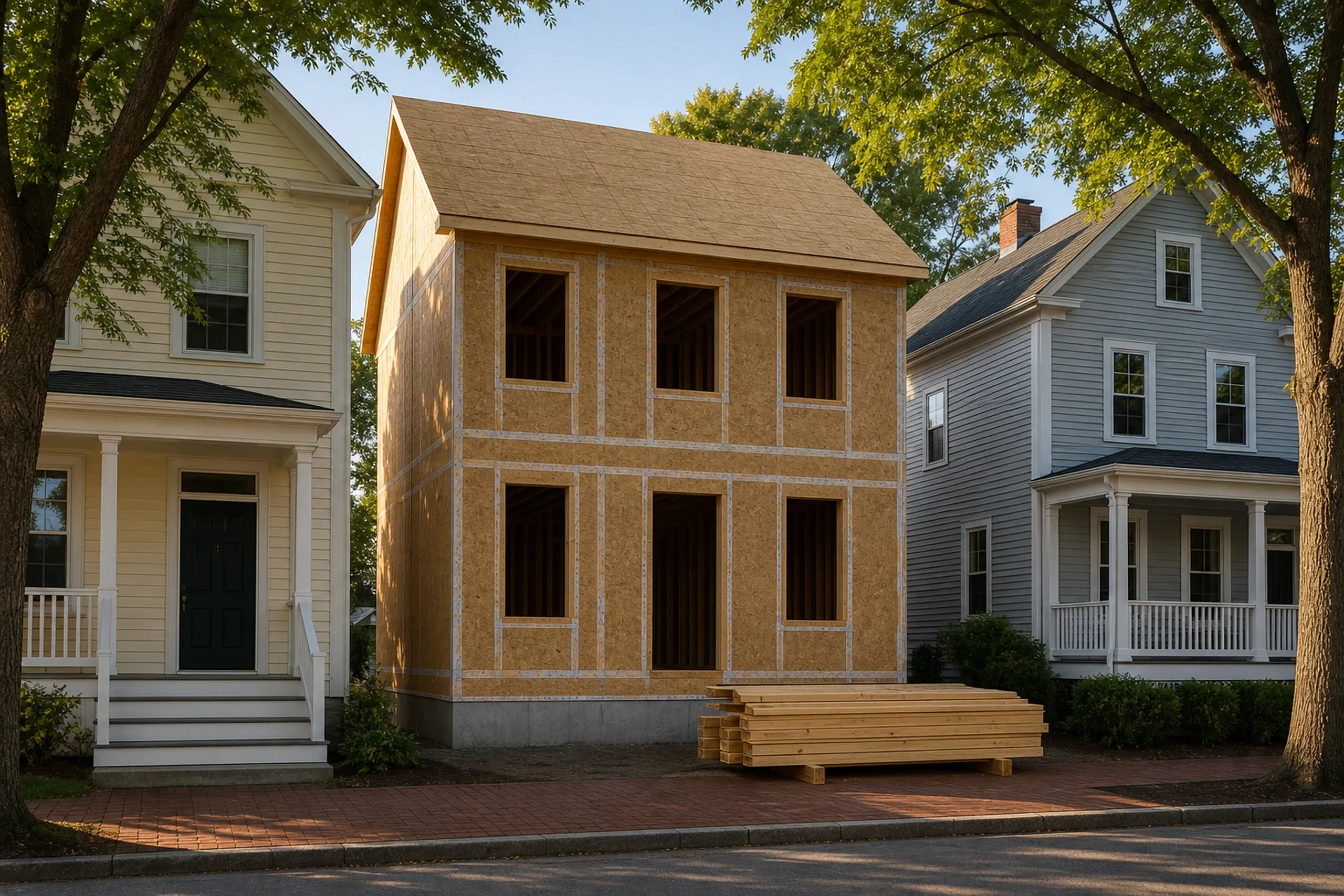 General contractor in Portland: new two-story frame sheathed in tan panels with open window openings and stacked lumber, set between a yellow porch house and a gray house