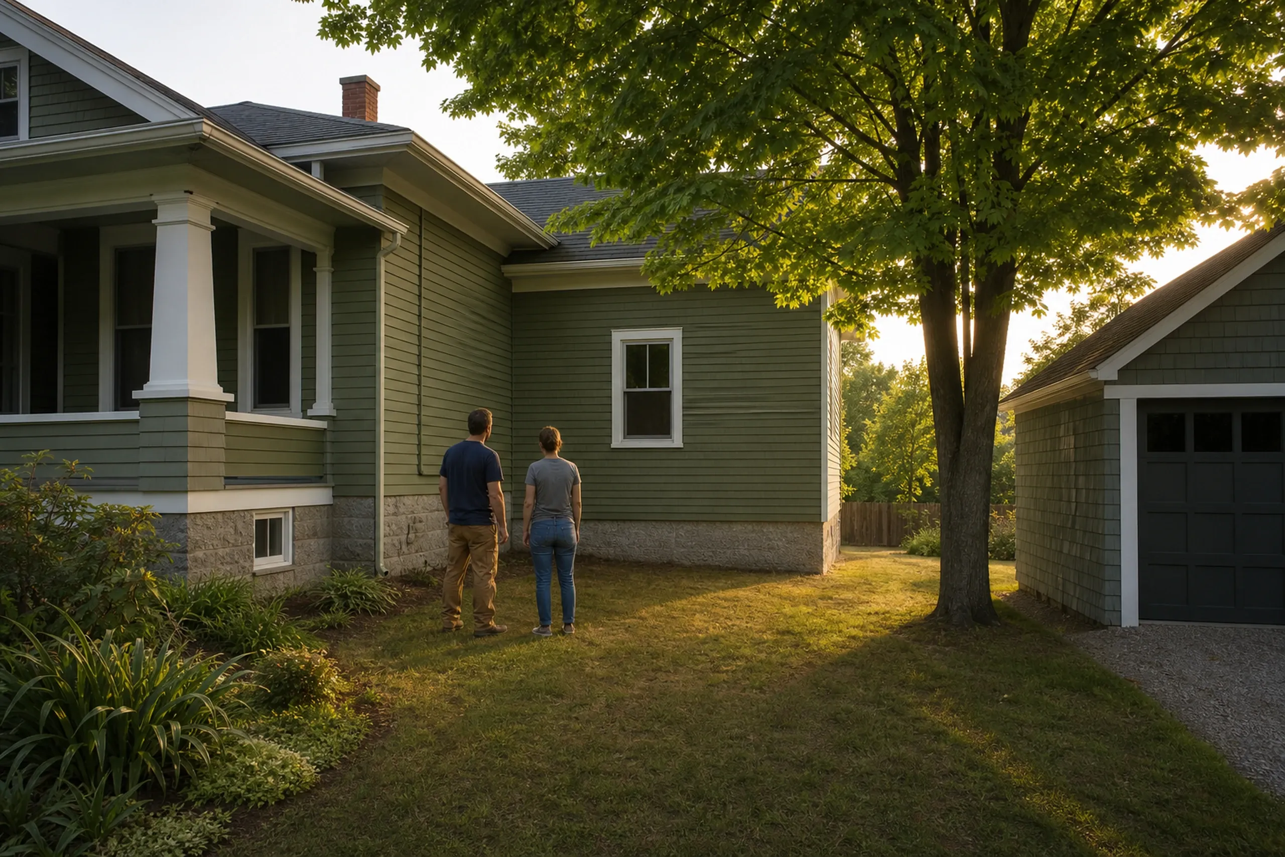 General contractor in Portland first visit: A man and a woman seen from behind on a lawn, facing a green house with a columned porch and brick chimney, near a garage at right