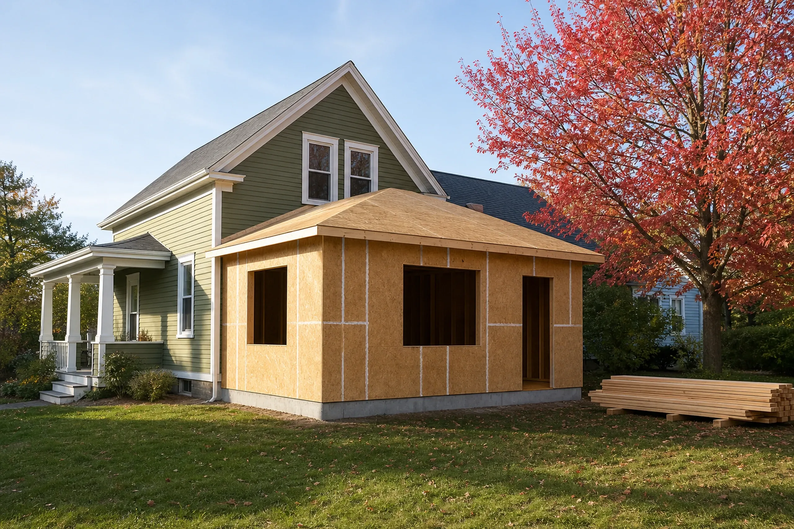 General contractor in Portland in progress: sheathed one-story addition with open window and door openings beside a green house with a porch, a red maple and stacked lumber