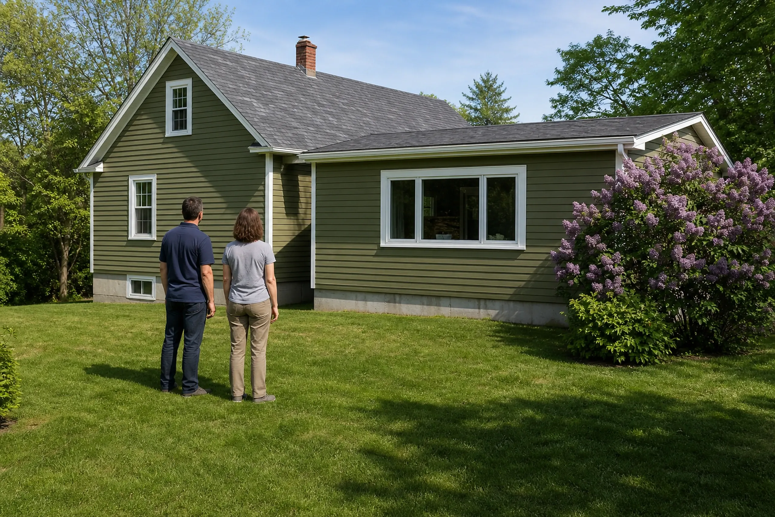 General contractor in Portland final walkthrough: olive green house with a low side wing and wide window, a lilac in bloom at right, and two people seen from behind on the lawn