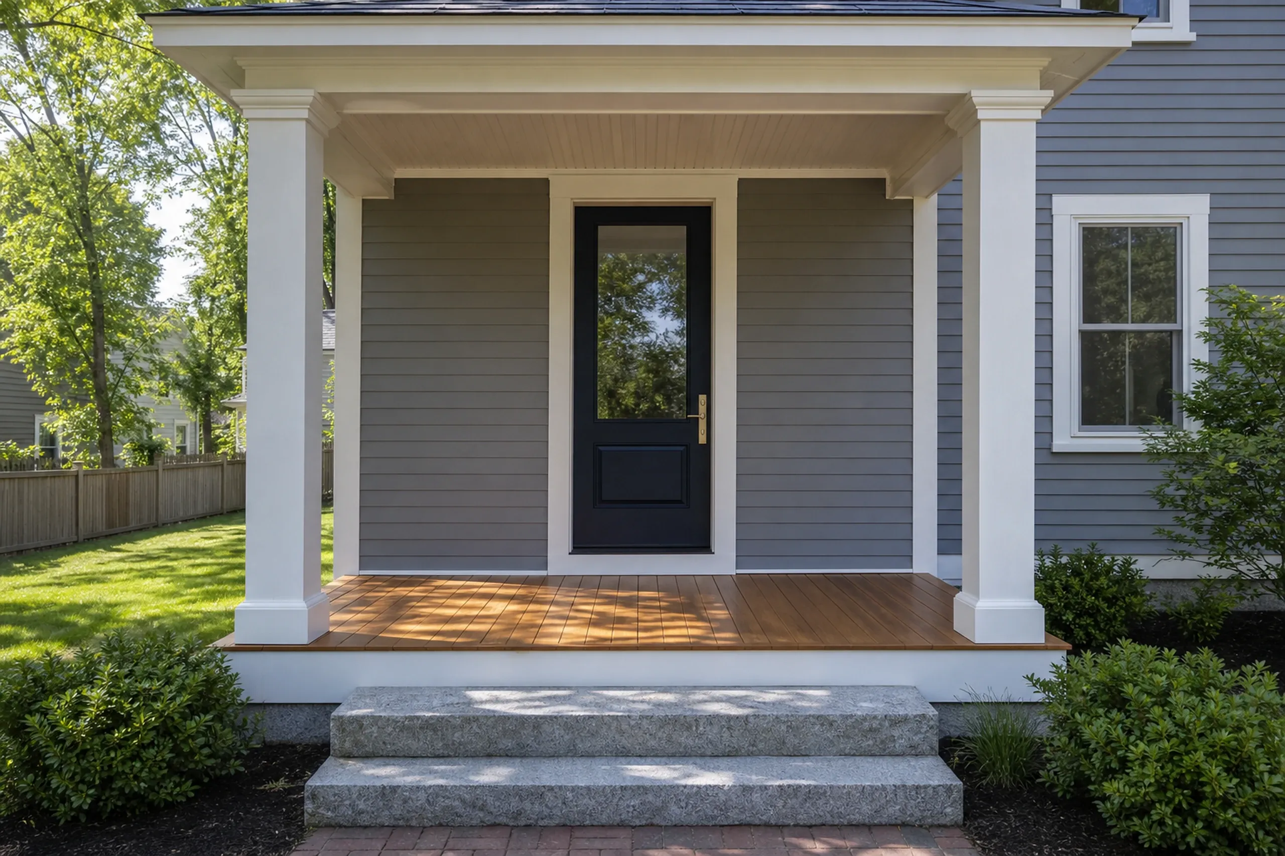 General contractor in Portland: covered front porch with two white columns, a dark glazed door, gray siding, a wood floor and two granite steps, with shrubs at the sides
