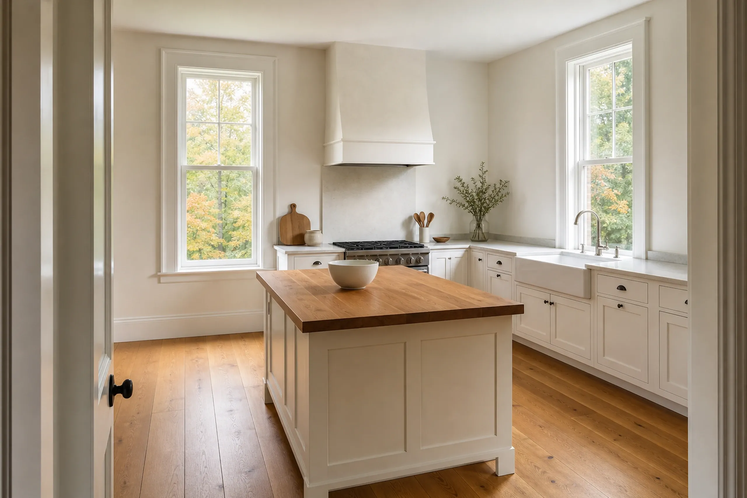 General contractor in Portland: cream cabinets, a wood-topped island with a white bowl, a farmhouse sink and a range under a white hood, with tall windows and plank floor
