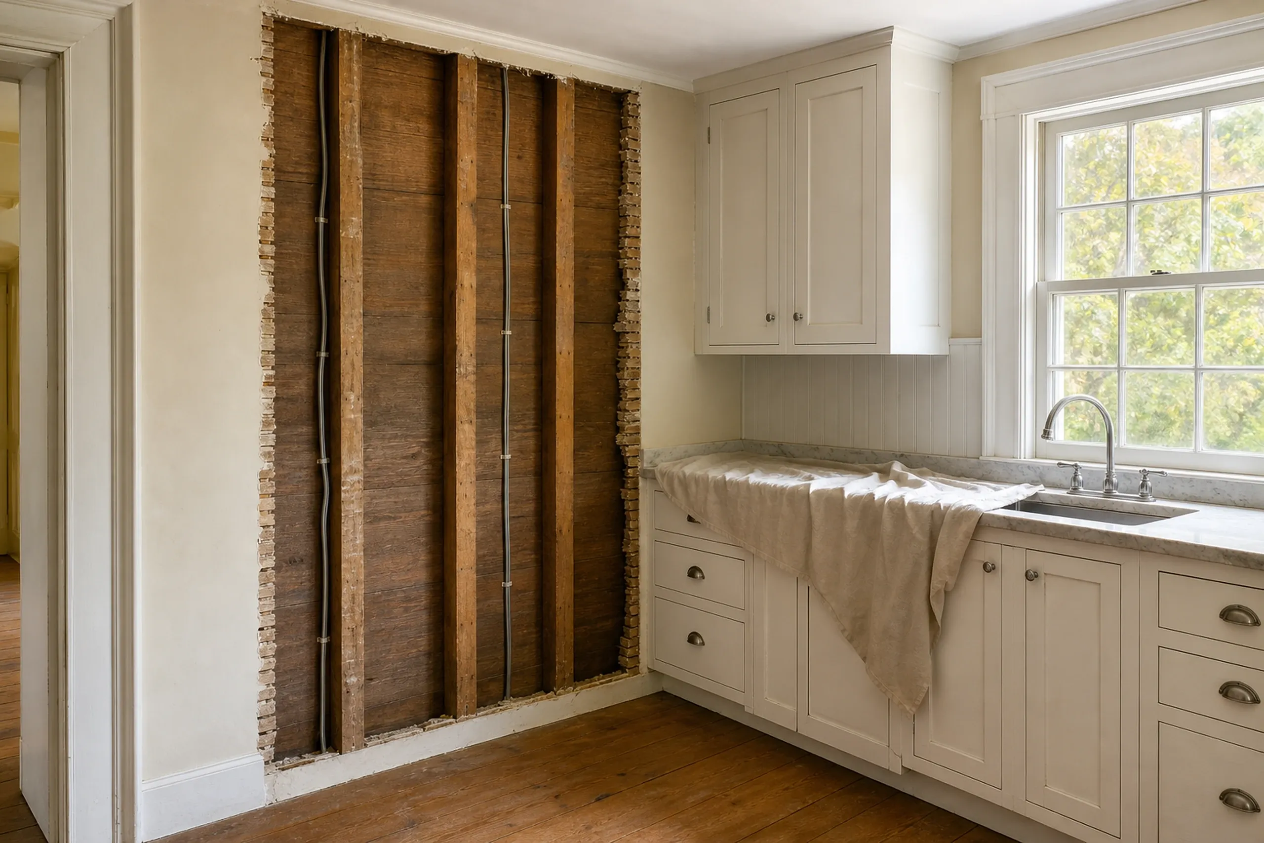 Kitchen remodeling: kitchen wall opened to tall old studs and wiring beside cream cabinets and a sink under a drop cloth, a window full of autumn leaves