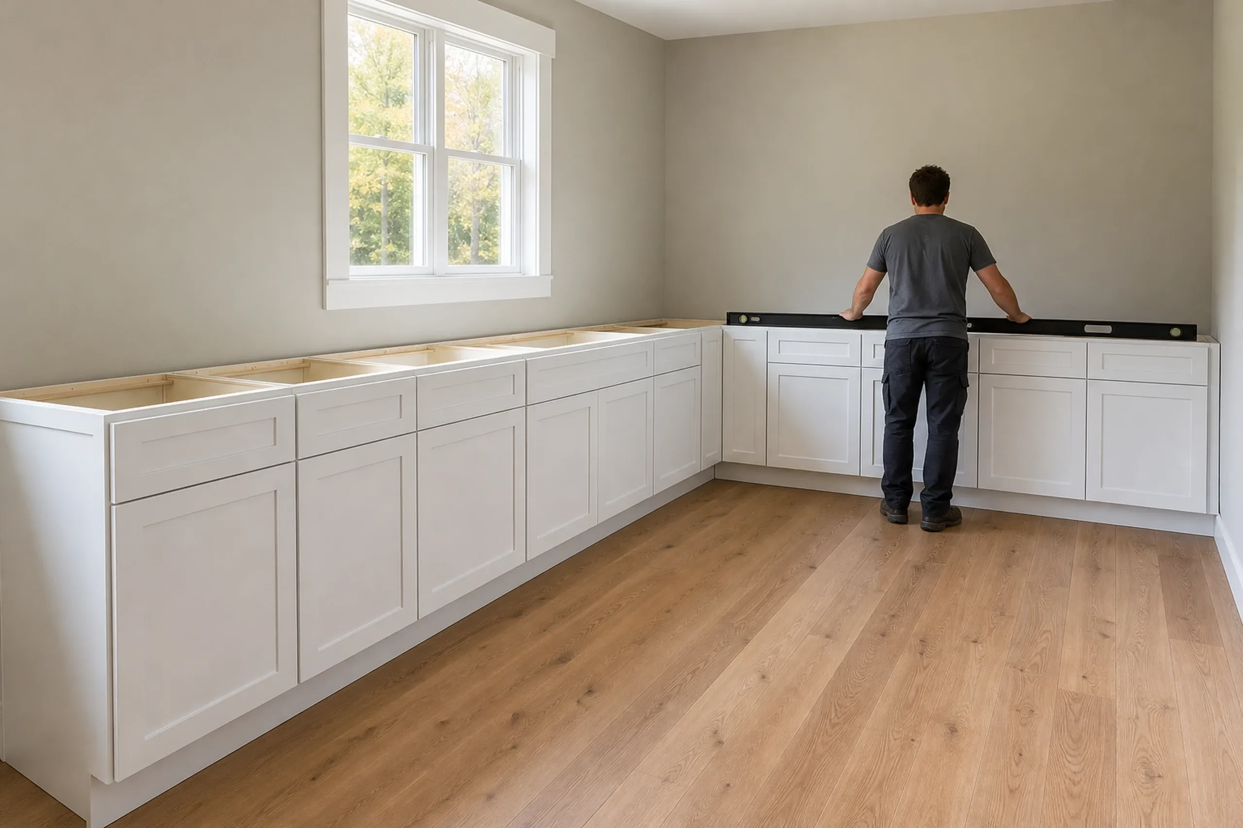 Kitchen remodeling: A man in a gray t-shirt seen from behind, setting a long level on white base cabinets along two walls, with no countertop yet