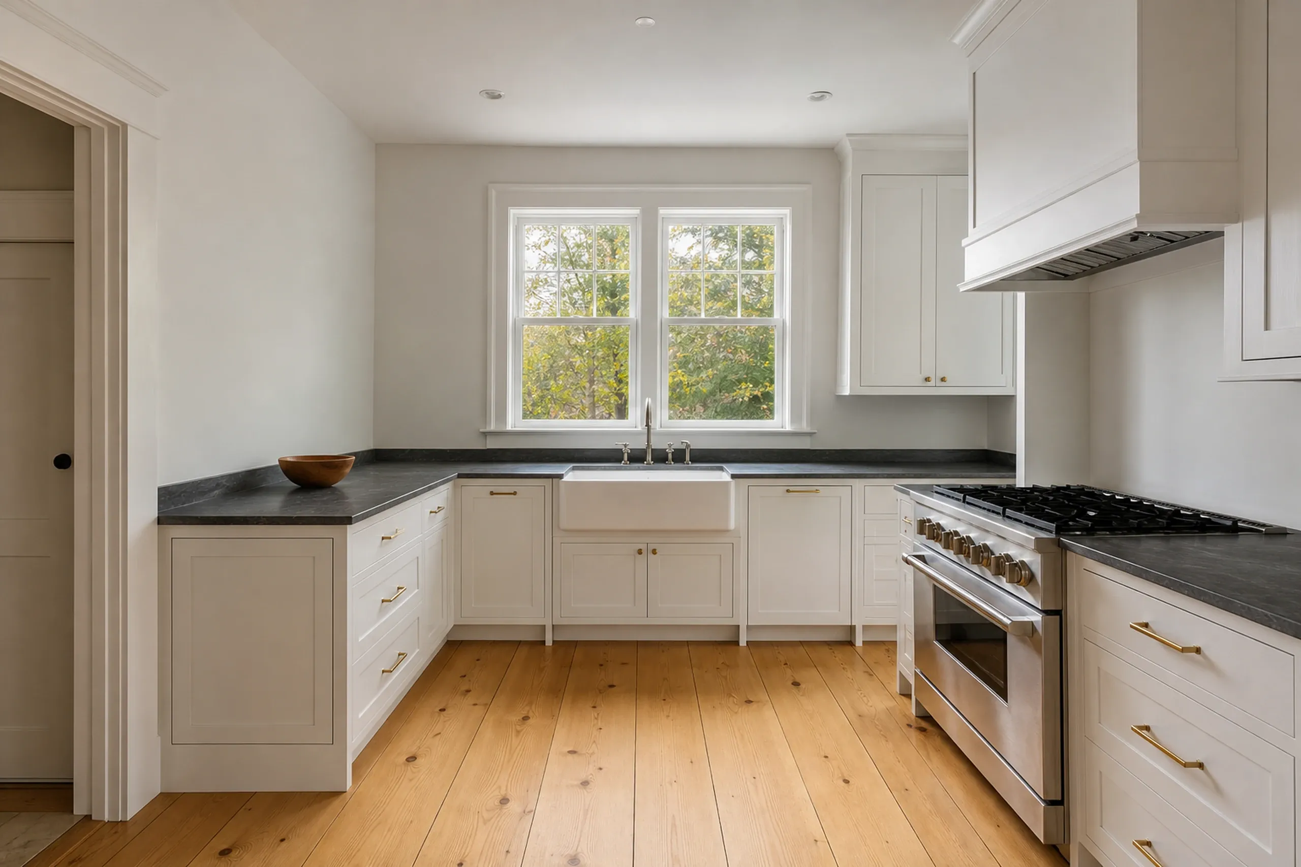 Kitchen remodeling: U-shaped kitchen with cream cabinets, dark countertops, brass pulls, a farmhouse sink under two windows and a stainless range