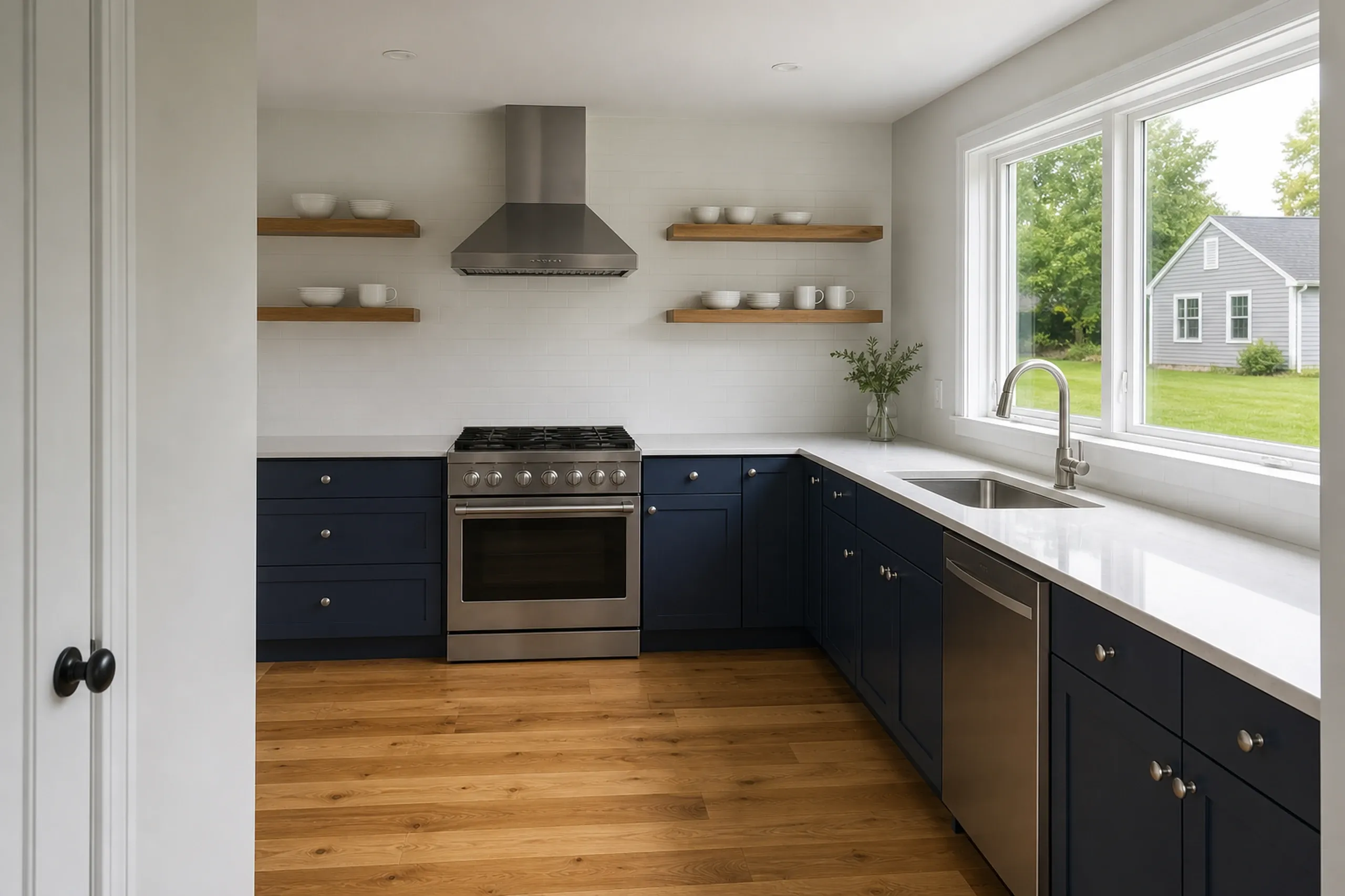 Kitchen remodeling: kitchen with navy cabinets, white counters, open wood shelves holding bowls and mugs, a steel hood and a window facing a gray house