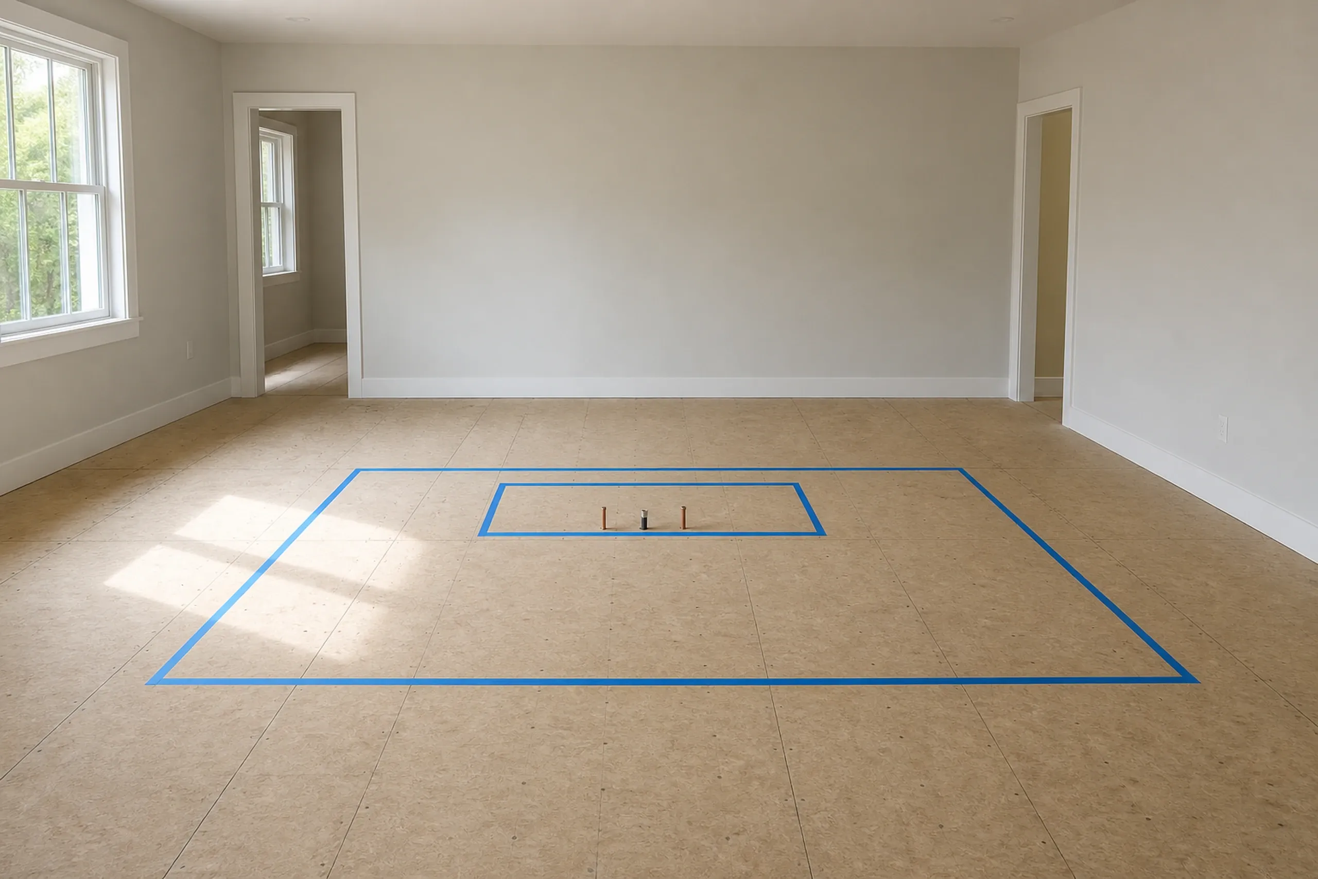Kitchen remodeling: empty room with a bare sheathing subfloor, a blue tape rectangle with a smaller one inside holding three small markers, and doorways beyond