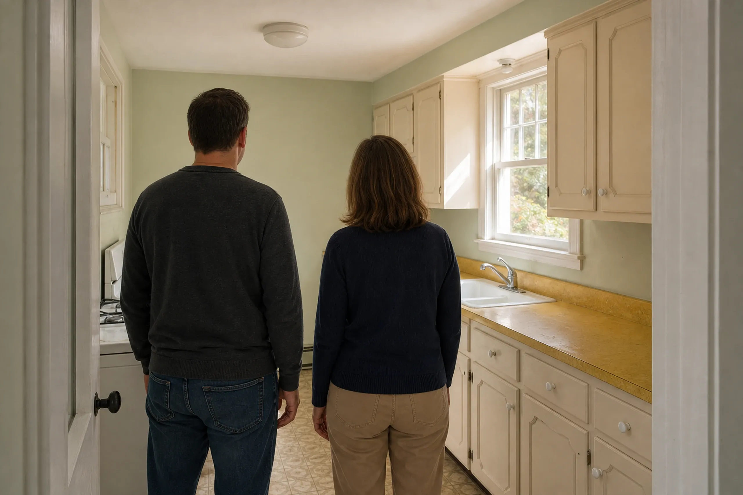 Kitchen remodeling first visit: A man and a woman seen from behind in an older kitchen with cream cabinets, a yellow countertop, a sink under a window and a white stove