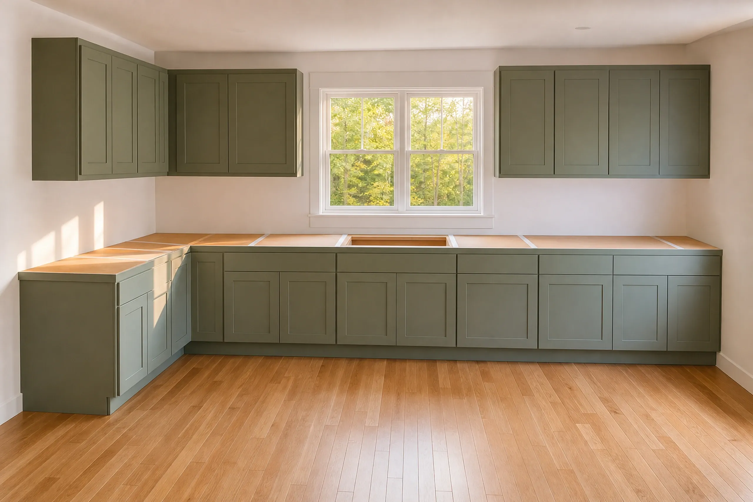 Kitchen remodeling in progress: olive green kitchen cabinets along two walls, uppers hung, bare wood tops with an open sink cutout, and a new wood floor beneath a window