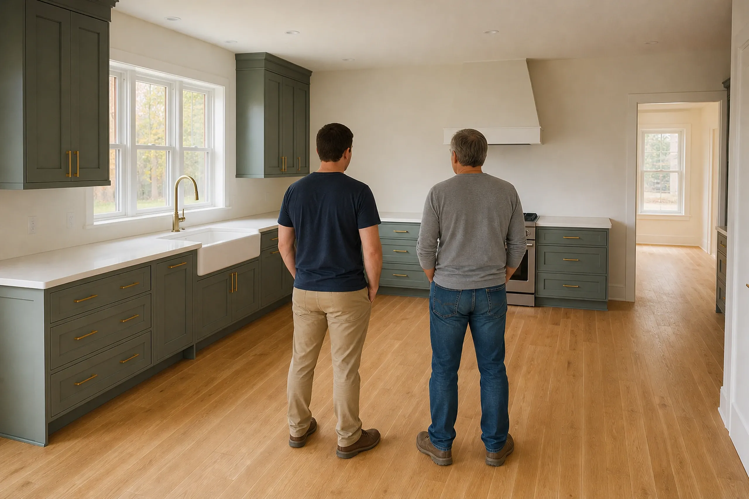 Kitchen remodeling final walkthrough: two men seen from behind in an open kitchen with sage green cabinets, a farmhouse sink, white counters, brass pulls and a range hood