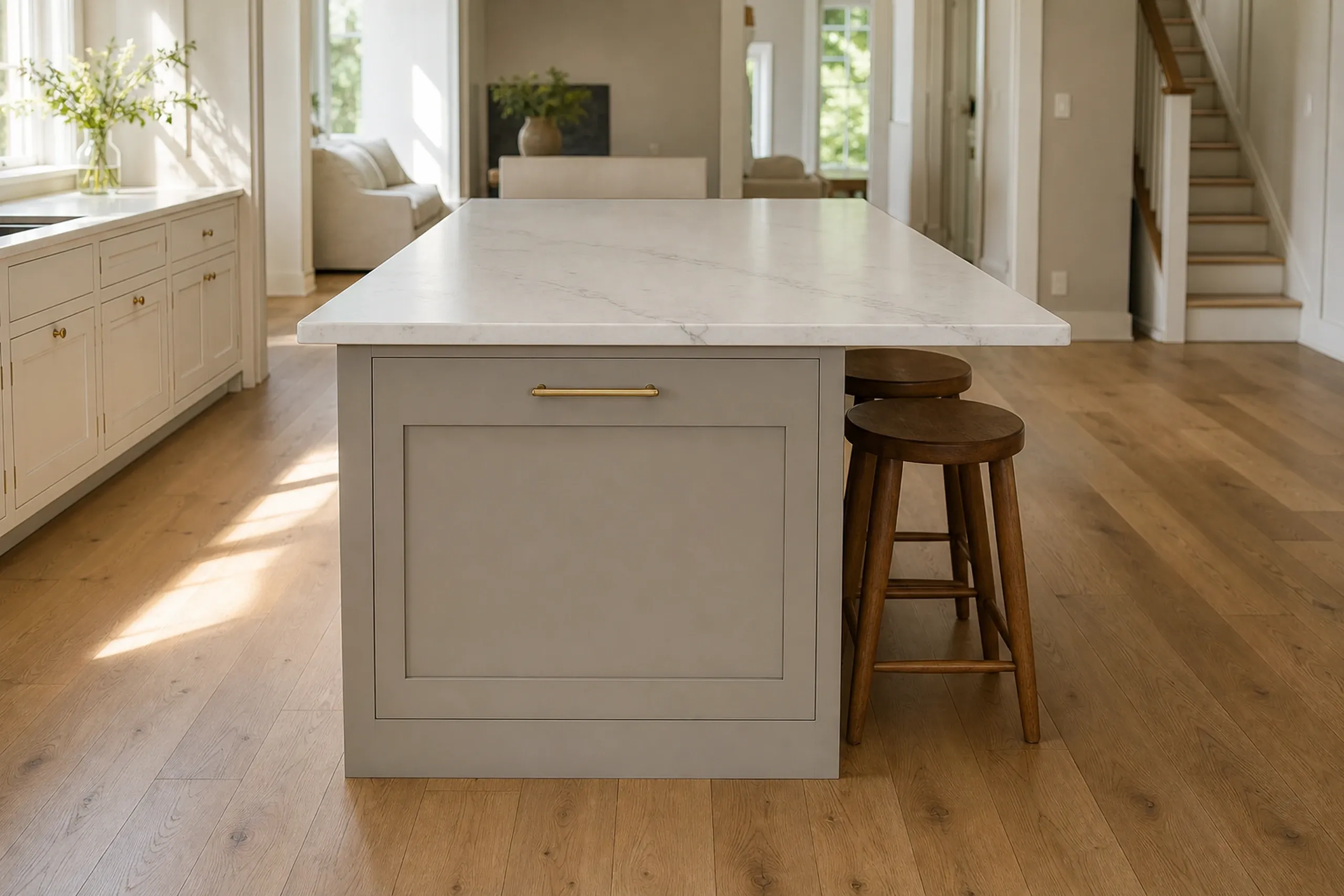 Kitchen remodeling: kitchen island with a veined white top, a gray paneled front with a brass pull, and two wood stools, with a staircase and sofa beyond